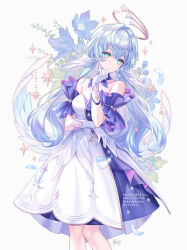 Rule 34 | 1girl, aqua eyes, bare shoulders, blue flower, blue hair, breasts, commentary, detached sleeves, dress, feet out of frame, flower, fylus, hair intakes, highres, honkai: star rail, honkai (series), long hair, looking at viewer, robin (honkai: star rail), short sleeves, small breasts, solo, standing, strapless, strapless dress, very long hair, white background, white dress