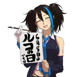 Rule 34 | 1girl, bare shoulders, black hair, blue necktie, calligraphy brush, detached sleeves, gloves, headphones, mukki, nail polish, navel, necktie, open mouth, paintbrush, red nails, simple background, single glove, smile, solo, translated, twintails, utau, vocaloid, white background, yokune ruko
