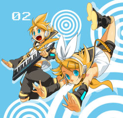 Rule 34 | 1boy, 1girl, blonde hair, blue eyes, brother and sister, hair ornament, hair ribbon, hairclip, headphones, headset, jumping, kagamine len, kagamine rin, mori (unknown.), necktie, open mouth, ribbon, short hair, shorts, siblings, smile, twins, vocaloid, yellow necktie
