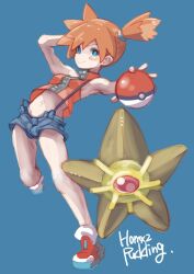 Rule 34 | 1girl, armpits, asymmetrical hair, blue eyes, blush, breasts, creatures (company), denim, denim shorts, game freak, gen 1 pokemon, gym leader, hair tie, highres, holding, holding poke ball, legs, looking at viewer, misty (pokemon), navel, nintendo, open mouth, orange hair, poke ball, poke ball (generic), pokemon, pokemon rgby, ponytail, puddinghomhom, red shirt, red tank top, shirt, short hair, short shorts, shorts, side ponytail, small breasts, solo, staryu, suspenders, tank top