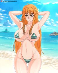Rule 34 | 1girl, absurdres, beach, bikini, blue sky, breasts, curvy, highres, large breasts, mausartist, nami (one piece), ocean, one piece, orange hair, shiny skin, sky, solo, standing, swimsuit, thong, thong bikini, wide hips