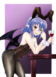 Rule 34 | 1girl, alternate costume, animal ears, bare arms, bare shoulders, bat wings, bent over, black pantyhose, blue hair, blush, brown leotard, commentary request, cropped legs, cup, drinking glass, feet out of frame, finger to face, flat chest, from side, gradient background, hair between eyes, highres, holding, holding cup, leaning on table, leotard, looking at viewer, masegohan, open mouth, pantyhose, playboy bunny, pointy ears, purple background, rabbit ears, red eyes, remilia scarlet, short hair, solo, table, touhou, wine glass, wings, wrist cuffs