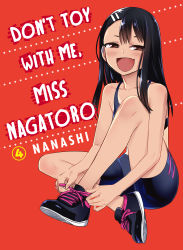 Rule 34 | 1girl, 774 (nanashi), :d, absurdres, bike shorts, black hair, blush, breasts, brown eyes, copyright name, dark-skinned female, dark skin, ear piercing, english text, fang, full body, hair ornament, hairclip, highres, ijiranaide nagatoro-san, invisible floor, long hair, looking at viewer, midriff, nagatoro hayase, no socks, official art, one-piece tan, open mouth, piercing, red background, shoes, sitting, skin fang, small breasts, smile, sneakers, solo, swept bangs, tan, tanline, torrent source, tying footwear