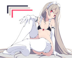 Rule 34 | 1girl, ass, bikini, black bikini, breasts, cleavage, elbow gloves, foreshortening, frills, gloves, grey hair, hair between eyes, long hair, maid, maid bikini, maid headdress, original, red eyes, sitting, small breasts, smile, solo, swimsuit, thighhighs, unconventional maid, unimon e, white gloves, white thighhighs
