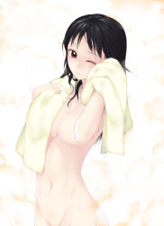 Rule 34 | 1girl, bad id, bad pixiv id, black hair, breasts, brown eyes, censored, convenient censoring, highres, kimura daisuke, long hair, navel, nude, one eye closed, original, small breasts, smile, solo, steam, towel, wet, wink