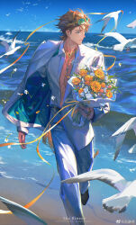 Rule 34 | 1boy, abs, absurdres, animal ears, aqua eyes, arknights, beach, bird, black footwear, blonde hair, blue sky, bouquet, day, dog boy, dog ears, dog tail, ear piercing, eyewear on head, floating clothes, floating hair, flower, formal, full body, highres, holding, holding bouquet, jacket, jewelry, looking to the side, male focus, multiple rings, necklace, ocean, one eye closed, open clothes, open shirt, outdoors, pants, piercing, ribbon, ring, running, seagull, shirt, sky, solo, suit, sunglasses, tail, tequila (arknights), tianxiaoye ansel.s, tinted eyewear, white flower, white jacket, white pants, white shirt, yellow flower, yellow ribbon
