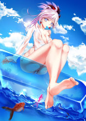 Rule 34 | absurdres, ass, asymmetrical hair, barefoot, blue eyes, breasts, cleavage, collarbone, commentary request, day, fate/grand order, fate (series), feet, fish, food, food in mouth, hair ornament, heart, highres, ice, large breasts, looking at viewer, looking down, miyamoto musashi (fate), ocean, outdoors, pink hair, ponytail, qiyaori, see-through, sky, soles, solo, sun, toes