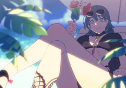 Rule 34 | 1girl, aqua eyes, bad id, bad twitter id, bare legs, bikini, black bikini, black footwear, blue hair, blue sky, blurry, breasts, byleth (female) (fire emblem), byleth (female) (summer) (fire emblem), byleth (fire emblem), cleavage, closed mouth, cloud, cloudy sky, commentary, crossed legs, day, depth of field, drink, drinking straw, eyewear on head, fire emblem, fire emblem: three houses, fire emblem heroes, flower, flower in drink, hair between eyes, hair flower, hair ornament, hibiscus, holding, holding drink, ice, ice cube, large breasts, looking at viewer, medium hair, nintendo, official alternate costume, outdoors, sandals, shade, sitting, sky, smile, solo, sunglasses, sunlight, swimsuit, symbol-only commentary, thighs, yoru (yoruyonaka)