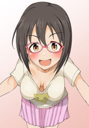 Rule 34 | 1girl, blush, breasts, brown eyes, brown hair, downblouse, extended downblouse, glasses, gorohati, gradient background, hanging breasts, highres, idolmaster, idolmaster cinderella girls, kamijo haruna, large breasts, leaning forward, looking at viewer, no bra, open mouth, short hair, simple background, skirt, smile, solo