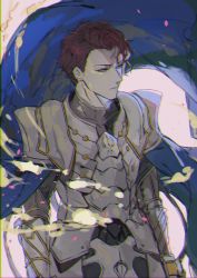 Rule 34 | 1boy, armor, blue cape, breastplate, brown hair, cape, closed mouth, cowboy shot, ebanoniwa, fate/grand order, fate (series), lancelot (fate/grand order), male focus, pale skin, pauldrons, pink eyes, short hair, shoulder armor, solo, standing, white background