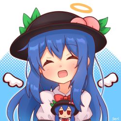 Rule 34 | 1girl, angel wings, black headwear, blue hair, bow, bowtie, character doll, closed eyes, doll, hugging doll, feathered wings, fumo (doll), halo, happy, hat, head tilt, highres, hinanawi tenshi, holding, holding doll, long hair, mini wings, hugging object, open mouth, peach hat ornament, puffy short sleeves, puffy sleeves, red bow, red bowtie, red eyes, serichii, shirt, short sleeves, touhou, very long hair, white shirt, white wings, wings