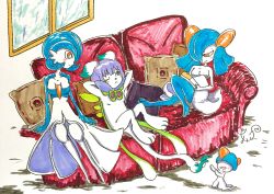 Rule 34 | 2girls, absurdres, arms behind head, arms up, artist name, blue hair, blue skin, blush, blush stickers, book, breasts, closed mouth, collarbone, colored skin, couch, creatures (company), cushion, full body, furry, game freak, gardevoir, gen 3 pokemon, green eyes, hair over eyes, hair over one eye, half-closed eyes, happy, highres, holding, indoors, kirlia, knee up, looking at another, looking down, multicolored skin, multiple girls, nintendo, one eye closed, open book, open mouth, original, poke ball symbol, poke ball theme, pokemon, pokemon (creature), purple hair, ralts, reading, reclining, short hair, signature, sitting, small breasts, smile, standing, tail, traditional media, two-tone skin, white skin, window, yuumikuchi