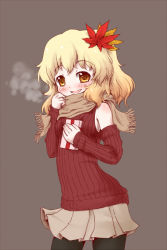 Rule 34 | 1girl, aki shizuha, alternate costume, arinu, black pantyhose, blonde hair, breath, detached sleeves, female focus, grey background, hair ornament, leaf, leaf hair ornament, looking at viewer, maple leaf, pantyhose, ribbed sweater, scarf, short hair, skirt, smile, solo, sweater, touhou, yellow eyes