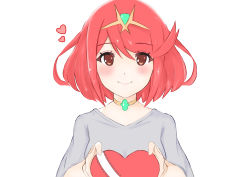 Rule 34 | 1girl, absurdres, blush, breasts, casual, casual suit, gem, grey shirt, hair ornament, headpiece, heart, highres, jewelry, large breasts, looking at viewer, mxsoundtube, nintendo, pyra (xenoblade), red eyes, red hair, shirt, short hair, shy, simple background, smile, solo, swept bangs, tiara, valentine, white background, xenoblade chronicles (series), xenoblade chronicles 2