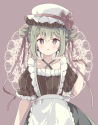 Rule 34 | 1girl, apron, black skirt, blush, brown background, brown eyes, brown ribbon, brown shirt, collarbone, commentary, double bun, green hair, hair bun, hair ribbon, hand up, hat, highres, looking at viewer, mob cap, original, parted lips, puffy short sleeves, puffy sleeves, ribbon, shirt, short sleeves, skirt, solo, striped clothes, striped shirt, symbol-only commentary, tsukiyo (skymint), vertical-striped clothes, vertical-striped shirt, white apron, white hat