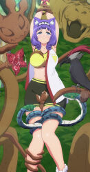 Rule 34 | 1girl, absurdres, animal ear fluff, animal ears, bike shorts, black hairband, blush, grabbing another&#039;s breast, breasts, crotch grab, dog ears, futoku no guild, grabbing, hairband, highres, hitamu kyan, large breasts, monster, purple hair, rape, restrained, screencap, shirt, short shorts, shorts, snake, stitched, tearing up, thighs, third-party edit, through clothes