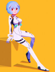 1girl ayanami_rei blue_hair blurry bodysuit breasts depth_of_field full_body iganashi1 interface_headset light_smile looking_at_viewer mecha_pilot_suit neon_genesis_evangelion orange_background plugsuit red_eyes short_hair sitting solo white_bodysuit