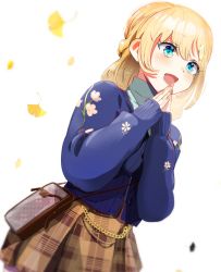 Rule 34 | 1girl, absurdres, autumn leaves, blonde hair, blue eyes, braid, chain, hands on own face, highres, hololive, hololive english, iris (tb33064667), medium hair, open mouth, own hands together, skirt, smile, standing, straight hair, sweater, virtual youtuber, watson amelia, white background