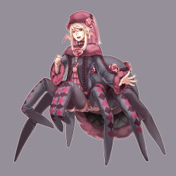 Rule 34 | 1boy, androgynous, arachne, argyle, argyle clothes, argyle legwear, arthropod girl, awii, flower, hat, highres, insect girl, male focus, monster boy, monster girl, open mouth, original, rose, simple background, solo, spider girl, taur, trap, white hair