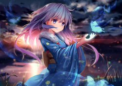 Rule 34 | 1girl, alternate costume, arm up, backlighting, blue eyes, blurry, bug, butterfly, chinese commentary, cloud, cloudy sky, commentary request, cowboy shot, depth of field, expressionless, floral print, fur collar, glowing, grass, hair blowing, head tilt, bug, japanese clothes, kimono, light particles, light trail, long hair, looking to the side, mountainous horizon, obi, sash, silver hair, sky, solo, sunset, very long hair, warship girls r, water, wind, xiaoyin li, yukikaze (warship girls r)