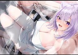 Rule 34 | 1boy, 1girl, animal ear fluff, animal ears, blush, breasts, cat ears, cat girl, cleavage, fang, highres, hololive, large breasts, looking at viewer, looking up, naked towel, nekomata okayu, open mouth, purple eyes, purple hair, smile, towel, uchi1048, virtual youtuber, water