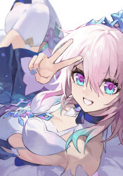 Rule 34 | 1girl, absurdres, armpits, bare shoulders, blue dress, blue eyes, blue footwear, breasts, chinese commentary, commentary request, dress, garter straps, hair between eyes, hand up, high heels, highres, honkai: star rail, honkai (series), knees up, looking at viewer, lying, march 7th (honkai: star rail), medium breasts, medium hair, multicolored clothes, multicolored dress, nail polish, official alternate costume, on back, pink eyes, pink hair, pumps, short dress, smile, solo, teeth, thighhighs, tiara, two-tone eyes, v, white dress, white garter straps, white thighhighs, xinliu asato