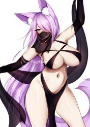 Rule 34 | 1girl, animal ear fluff, animal ears, arm up, armpits, artist name, bare shoulders, blue eyes, blush, breasts, fox ears, foxykuro, hair over one eye, highres, kurona reole, large breasts, long hair, looking at viewer, navel, original, parted lips, pelvic curtain, purple hair, see-through, simple background, smile, solo, thighs, very long hair, white background