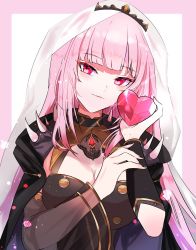 Rule 34 | 1girl, black cape, black dress, breasts, cape, cleavage, closed mouth, commentary, dress, hands up, head tilt, heart, highres, holding, hololive, hololive english, long hair, looking at viewer, medium breasts, mori calliope, pekerika, pink background, pink hair, red eyes, see-through, smile, solo, spikes, tiara, two-tone background, upper body, veil, very long hair, virtual youtuber, white background