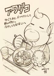 Rule 34 | 1boy, alien, alternate costume, big nose, blush stickers, bowl, chopsticks, closed eyes, commentary request, dated, eating, fish, food, glass, greyscale, highres, holding, holding bowl, holding chopsticks, holding food, ink (medium), long sleeves, louie (pikmin), monochrome, neckerchief, nintendo, no headwear, open mouth, pikmin (series), pointy ears, rice bowl, short hair, signature, sweater, table, traditional media, translation request, tray, upper body, very short hair, yamato koara