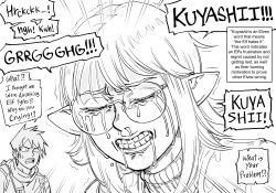 Rule 34 | 1boy, 1girl, 1koma, absurdres, bb (baalbuddy), clenched teeth, closed eyes, comic, crying, drooling, elf, english text, frustrated, furrowed brow, highres, looking at another, medium hair, monochrome, original, pointy ears, round eyewear, short hair, shouting, snot, teeth, turtleneck