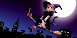 Rule 34 | 1girl, animal ears, bell, blush, boots, broom, broom riding, building, cat ears, cat tail, city, flying, full moon, hat, jingle bell, mignon, moon, night, schmooze, solo, tail, thighhighs, witch