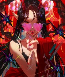 Rule 34 | absurdres, black bra, black hair, bra, breasts, collarbone, commentary, english commentary, floral print, heart, heart-shaped eyewear, highres, horns, japanese clothes, kimono, long hair, oni horns, orange eyes, original, outstretched arm, pill on tongue, pointy ears, red horns, red kimono, single bare shoulder, slit pupils, small breasts, sunglasses, tongue, tongue out, underwear, upper body, v, very long hair, wide sleeves, wonbin lee