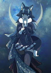 Rule 34 | 1girl, absurdres, animal ear fluff, animal ears, black hair, black thighhighs, blazer, blue eyes, breast pocket, breasts, commentary, commentary request, crescent, crescent moon, fur collar, grey wolf (kemono friends), hand to own mouth, heterochromia, highres, jacket, kemono friends, large breasts, looking at viewer, mira shamaliyy, moon, multicolored hair, necktie, night, plaid necktie, plaid neckwear, pocket, solo, tail, thighhighs, two-tone hair, white hair, wolf ears, wolf girl, wolf tail, yellow eyes