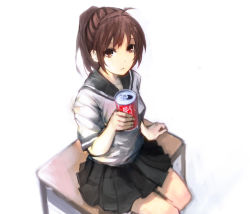 Rule 34 | 1girl, bad id, bad pixiv id, brown eyes, brown hair, can, coca-cola, desk, drink can, on desk, original, pleated skirt, ponytail, school uniform, seafh, simple background, sitting, on desk, skirt, soda can, solo