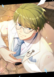 Rule 34 | 1boy, a3!, bad id, bad pixiv id, blue eyes, blue necktie, brown hair, cobblestone, confetti, formal, from above, glasses, highres, looking at viewer, looking up, mag blg, male focus, necktie, smile, solo, standing, suit, white suit