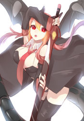Rule 34 | 1girl, arm up, bad id, bad pixiv id, black thighhighs, breasts, corset, cowboy shot, detached collar, detached sleeves, dragon girl, dragon wings, hair between eyes, holding, holding sword, holding weapon, horns, large breasts, leaning forward, long hair, looking at viewer, necktie, open mouth, orange hair, original, pointy ears, red eyes, sheath, sketch, solo, ss0l (skghek), sword, tail, thighhighs, twintails, unsheathing, weapon, wings