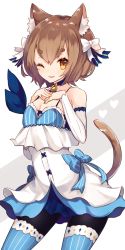 Rule 34 | 10s, 1boy, :p, ;p, animal ears, black pantyhose, blue bow, bow, breasts, brown hair, cat boy, cat ears, cat tail, collar, crossdressing, detached sleeves, dress, eyebrows, felix argyle, hair bow, hands on own chest, heart, highres, long sleeves, looking at viewer, male focus, one eye closed, own hands together, pantyhose, puffy chest, re:zero kara hajimeru isekai seikatsu, sakofu, small breasts, solo, standing, striped bow, striped clothes, striped pantyhose, tail, thick eyebrows, tongue, tongue out, trap, white bow