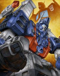 Rule 34 | autobot, blue eyes, clenched hand, from below, looking ahead, mecha, nakamura jun-ichi, no humans, optimus prime, robot, science fiction, solo focus, transformers, ultra magnus