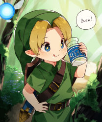 Rule 34 | + +, :p, belt, blonde hair, bottle, child, fairy, grass, hat, highres, link, milk, nature, navi, nemui (nemuriyagi), nintendo, outdoors, parted hair, pointy ears, sheath, shield, short hair, smile, sword, the legend of zelda, the legend of zelda: ocarina of time, tongue, tongue out, tree, tunic, weapon, young link