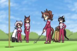 Rule 34 | 4girls, ahoge, animal ears, ball, black hair, blue bow, blue eyes, blue sky, blurry, blurry background, bow, braid, braided ponytail, brown hair, closed mouth, clothing cutout, commentary request, crossed arms, dot mouth, ear bow, ear covers, ear ornament, ears through headwear, full body, golf ball, golf club, hair between eyes, hair ornament, hamu koutarou, hands on own hips, highres, holding, holding golf club, horse ears, horse girl, horse tail, jacket, katsuragi ace (umamusume), long hair, medium hair, mejiro palmer (umamusume), multicolored hair, multiple girls, narita taishin (umamusume), on grass, outdoors, pants, ponytail, putter, red footwear, red jacket, red pants, shoes, short hair, sky, smile, sneakers, streaked hair, super creek (umamusume), tail, tail through clothes, tassel, tassel hair ornament, tracen training uniform, track jacket, track pants, two-tone footwear, umamusume, very long hair, white footwear, white hair, white headwear