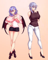 Rule 34 | 2girls, absurdres, adapted costume, bare legs, bat wings, beige background, black footwear, black shorts, black sweater, blue eyes, blue hair, boots, breast hold, breasts, capelet, collarbone, commentary request, cross, cross earrings, crossed legs, detached sleeves, earrings, fangs, frilled capelet, frills, full body, hair between eyes, hand on own chest, hand on own hip, hand up, high heels, highres, huge breasts, izayoi sakuya, jewelry, long hair, long sleeves, looking at viewer, multiple girls, nail polish, necklace, no headwear, pants, parted lips, pink capelet, pointy ears, red eyes, red nails, remilia scarlet, ribbed sweater, short hair, short shorts, shorts, sidelocks, silver hair, sleeveless, sleeveless turtleneck, smile, standing, sweater, thighs, touhou, turtleneck, turtleneck sweater, white pants, wings, zellam