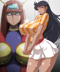 Rule 34 | 1girl, belt, black hair, blue eyes, breasts, covered erect nipples, curvy, dark-skinned female, dark skin, female focus, framed breasts, highres, honoo jun, huge breasts, impossible clothes, impossible shirt, long hair, looking at viewer, looking to the side, mazinger (series), mazinger z, miniskirt, puffy nipples, shiny skin, shirt, skirt, solo, thick thighs, thighs, venus a, wide hips, yukimaru (gojo)