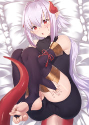 Rule 34 | 1girl, aged down, ass, bare shoulders, bed sheet, black gloves, black thighhighs, blush, bridal gauntlets, commentary request, covered collarbone, dragon girl, elbow gloves, facial mark, frilled pillow, frills, full body, gloves, hair between eyes, horns, hugging own legs, ibuki notsu, long hair, looking at viewer, low ponytail, melusine (ibuki notsu), open mouth, original, pillow, pointy ears, red eyes, silver hair, solo, stirrup legwear, tail, thighhighs, toeless legwear, very long hair