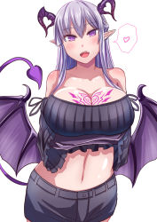 Rule 34 | 1girl, bare shoulders, blush, breast tattoo, breasts, cleavage, commentary request, demon girl, demon tail, grey hair, heart, highres, horns, large breasts, long hair, looking at viewer, midriff, monster girl, munio, navel, open mouth, original, pointy ears, purple eyes, short shorts, shorts, simple background, smile, solo, spoken heart, demon girl, tail, tattoo, white background