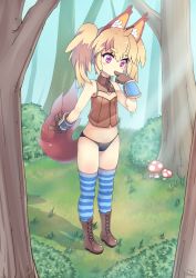 Rule 34 | 1girl, absurdres, animal ears, black panties, blonde hair, blush stickers, bokushi, boots, day, dog ears, elin, finger to mouth, forest, gloves, highres, long hair, mushroom, nature, navel, no pants, outdoors, panties, purple eyes, shirt, sleeveless, sleeveless shirt, solo, standing, striped clothes, striped thighhighs, tail, tera online, thighhighs, twintails, underwear
