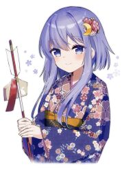 Rule 34 | 1girl, alternate costume, arrow (projectile), blue eyes, blue kimono, blush, closed mouth, crescent, crescent hair ornament, ema, floral print, hair between eyes, hair ornament, hamaya, holding, japanese clothes, kantai collection, kimono, long sleeves, obi, one-hour drawing challenge, print kimono, purple hair, sash, short hair with long locks, sidelocks, simple background, smile, solo, upper body, white background, wide sleeves, yamashichi (mtseven), yayoi (kancolle)