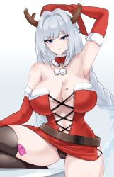 Rule 34 | 1girl, absurdres, antlers, armpits, bare shoulders, blue eyes, braid, breast tattoo, breasts, cameltoe, christmas, commentary, condom, condom in clothes, crimecrime, elbow gloves, ethel (xenoblade), gloves, hair intakes, hat, highres, horns, large breasts, looking at viewer, navel, pom pom (clothes), red gloves, reindeer antlers, revealing clothes, santa costume, santa hat, single braid, solo, tattoo, thighhighs, xenoblade chronicles (series), xenoblade chronicles 3