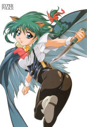 Rule 34 | 1990s (style), 1girl, absurdres, animal ears, aqua eyes, ascot, ass, bell, black pantyhose, braid, cape, cat ears, cat tail, copyright name, dagger, floating hair, gotou keiji, green hair, highres, holding, holding dagger, holding knife, holding weapon, hyper police, knife, long hair, looking back, non-web source, official art, pantyhose, retro artstyle, reverse grip, sasahara natsuki (hyper police), scan, short sleeves, single braid, smile, solo, tail, twisted torso, weapon, white background, wrist cuffs