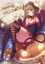 Rule 34 | 10s, 1girl, blue eyes, breasts, brown hair, choker, cleavage, demon tail, elbow gloves, fake horns, fangs, gloves, green eyes, hairband, halloween, heterochromia, high heels, highres, horns, idolmaster, idolmaster cinderella girls, jack-o&#039;-lantern, meto31, mole, mole under eye, paw pose, red gloves, ribbon choker, short hair, sitting, small breasts, smile, solo, striped clothes, striped thighhighs, tail, takagaki kaede, thighhighs, trick or treat, upskirt, wings