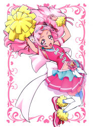 Rule 34 | 1girl, :d, absurdres, arm strap, breasts, card (medium), clover earrings, cone hair bun, crop top, cure yell, double bun, floating hair, flower, full body, hair bun, hair flower, hair ornament, hair ribbon, heart, heart hair ornament, highres, hugtto! precure, itaoka1, long hair, looking at viewer, midriff, miniskirt, navel, nono hana, open mouth, pink eyes, pink hair, pink skirt, pleated skirt, pom pom (cheerleading), precure, red ribbon, ribbon, skirt, small breasts, smile, solo, stomach, thighhighs, very long hair, white background, white flower, white thighhighs, zettai ryouiki